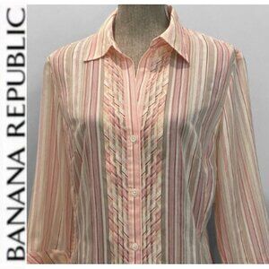 Banana Republic Striped Pleated Button-Down Shirt Size Large Pink White Classic